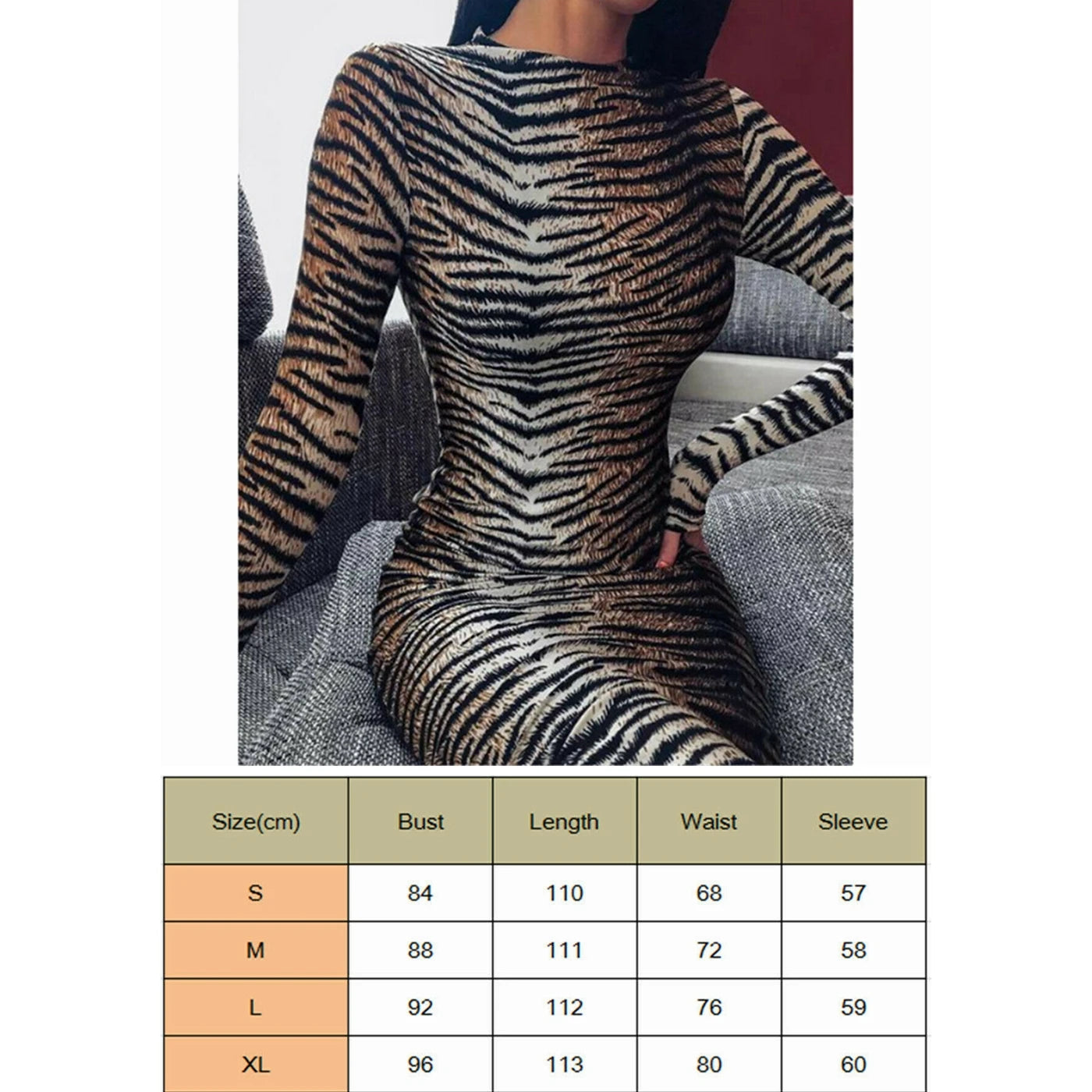 Womens Tiger Print High Neck Long Sleeve Dress