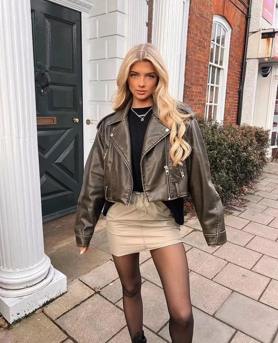 Womens Vintage Leather Short Jacket