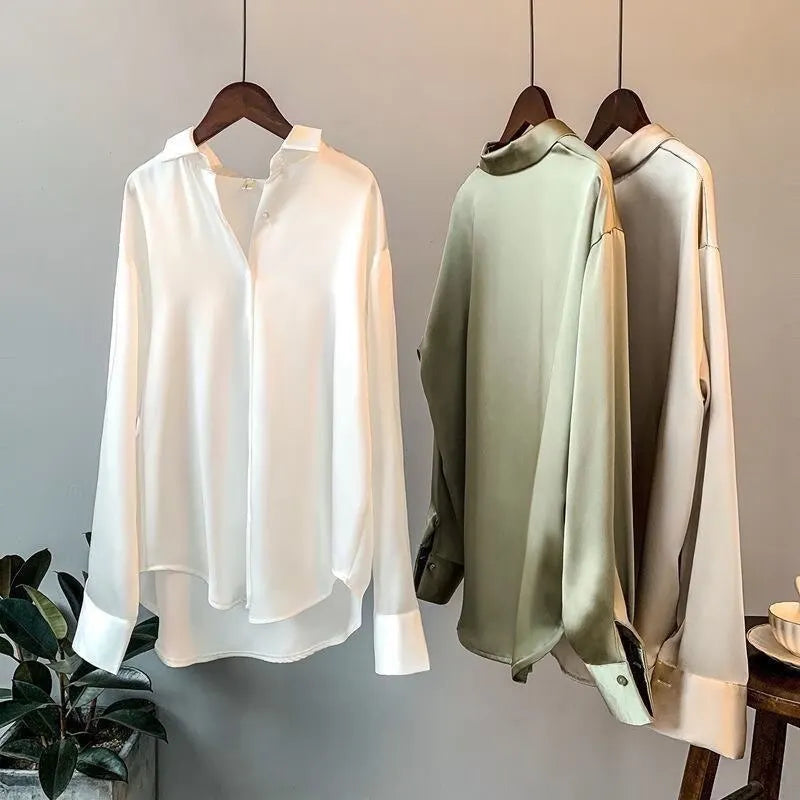 Women Autumn Shirt Vintage Satin Blouse