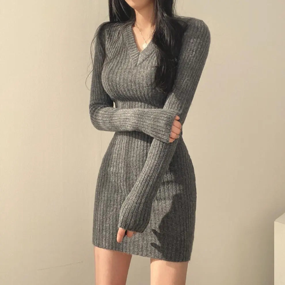 Womens Retro Knitted Mini V-Neck Long Sleeve Dress