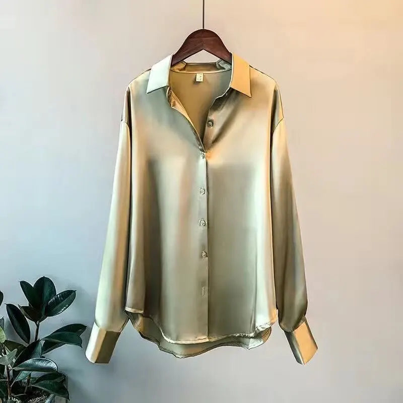 Women Autumn Shirt Vintage Satin Blouse
