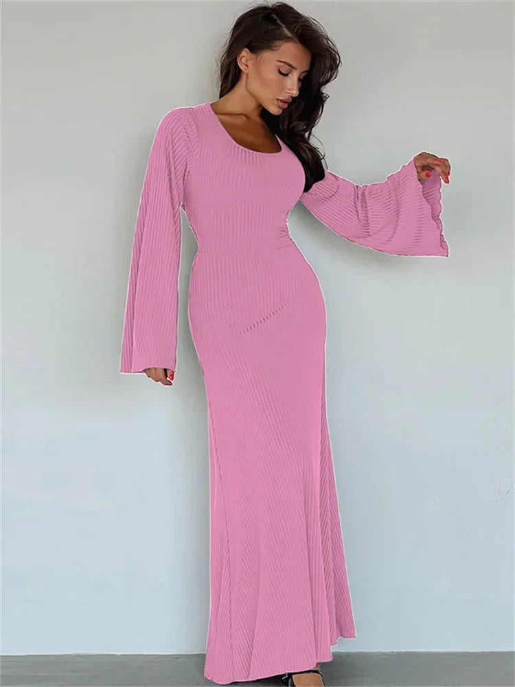 Womens Lace-Up Ribbed Long Sleeve Dress