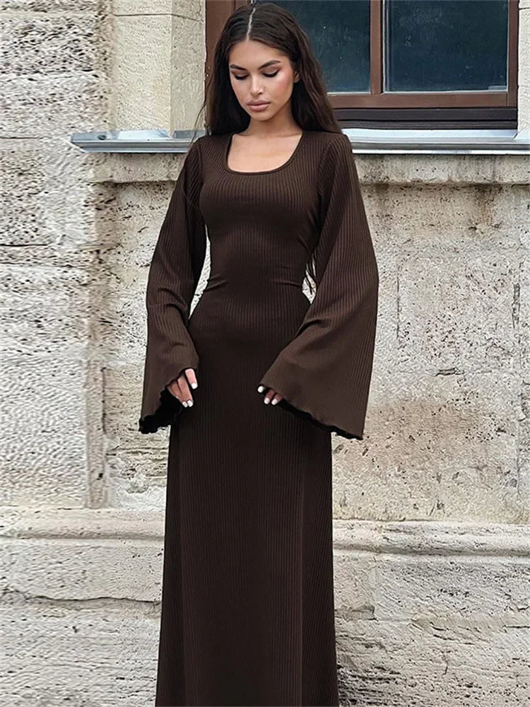Womens Lace-Up Ribbed Long Sleeve Dress