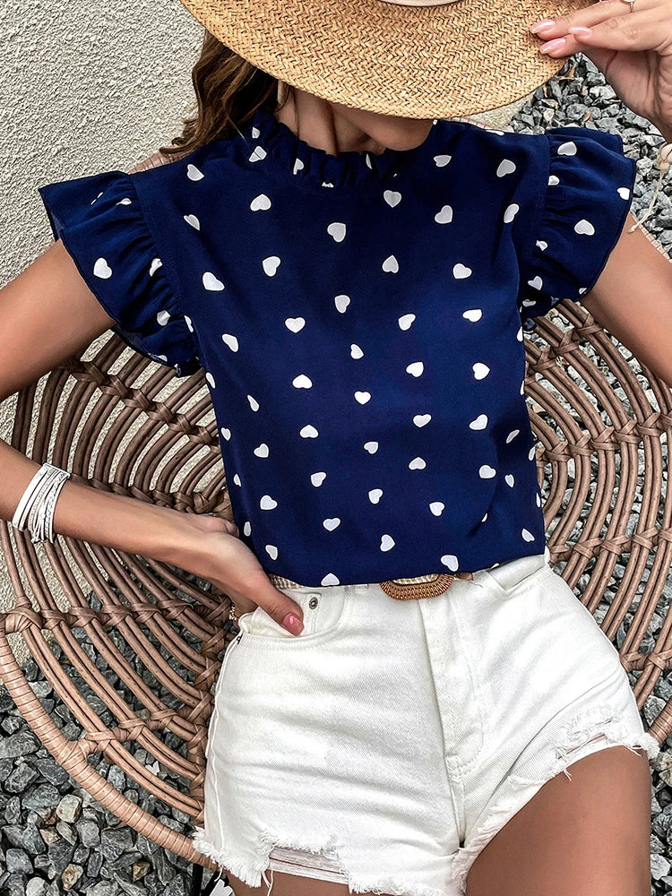Womens Chiffon Print Casual Ruffle Short Sleeve Top