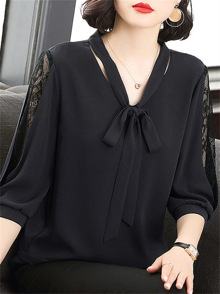 Women Casual Bow Tie Colloar Half Lace Tops
