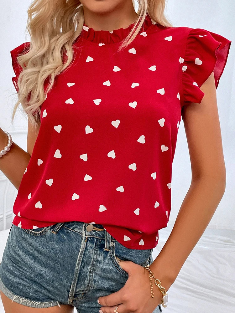 Womens Chiffon Print Casual Ruffle Short Sleeve Top