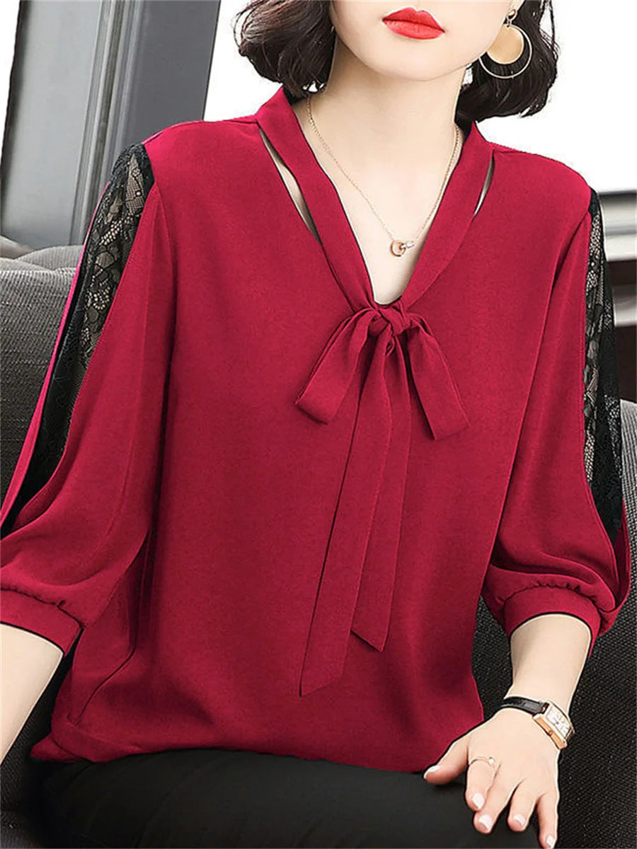 Women Casual Bow Tie Colloar Half Lace Tops