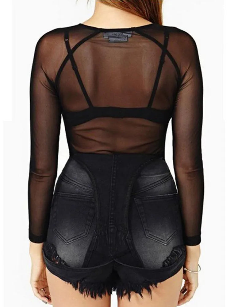 Womens Long Sleeve Black Mesh Top