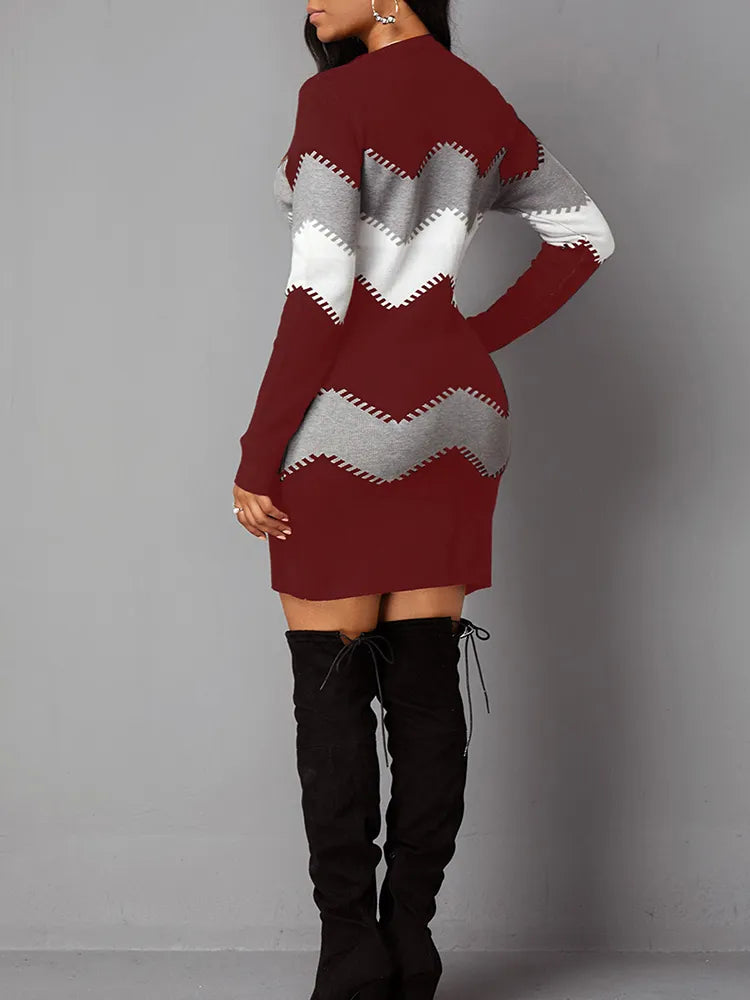Womens Fashion Print Slim Knitted Dress Long-sleeve O-neck
