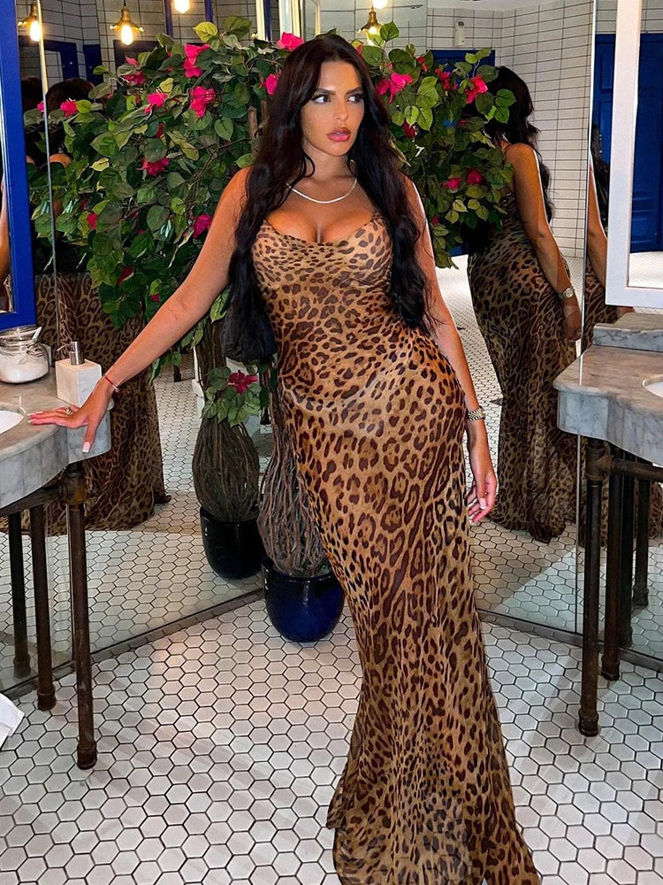 Womens Leopard Print V-Neck Long Dress