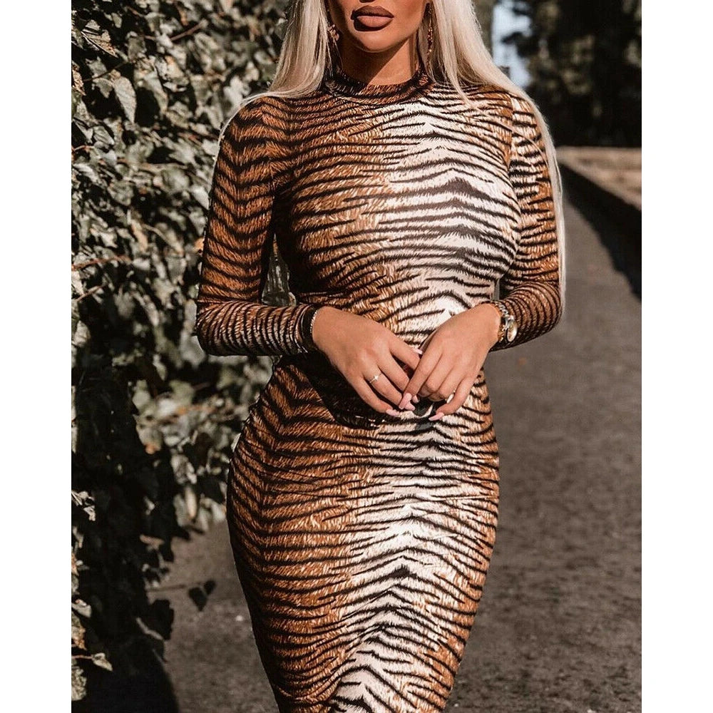 Womens Tiger Print High Neck Long Sleeve Dress