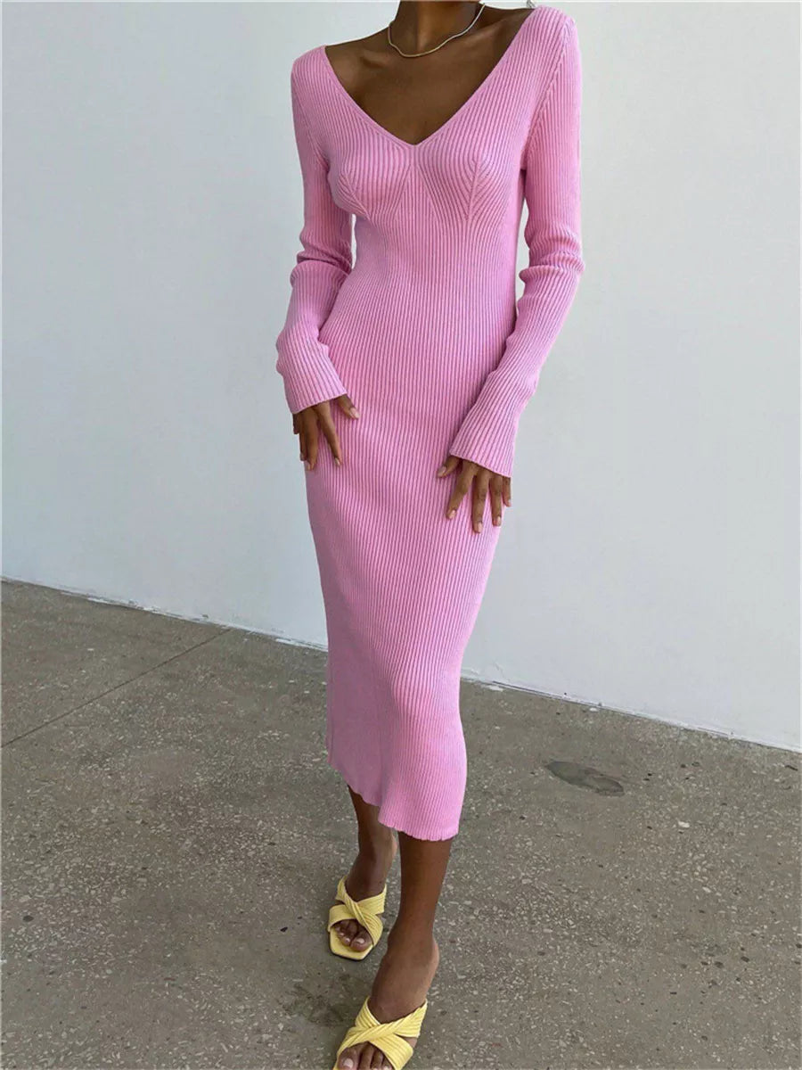 Knit Pencil Dress Long Sleeve V-Neck Backless