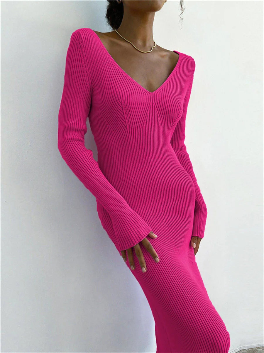 Knit Pencil Dress Long Sleeve V-Neck Backless