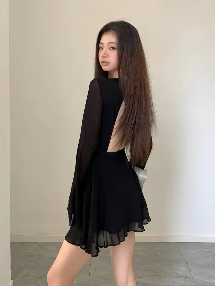 Backless Black Dress Lace-up Long Sleeve Mesh