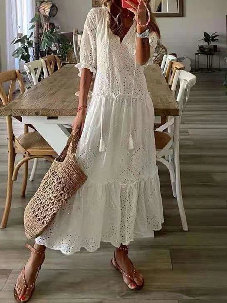 Foridol Casual Hollow Out V Neck White Lace Maxi Dress Vintage A-line Loose Embrioderied Floral Print Bohemian Long Sundress