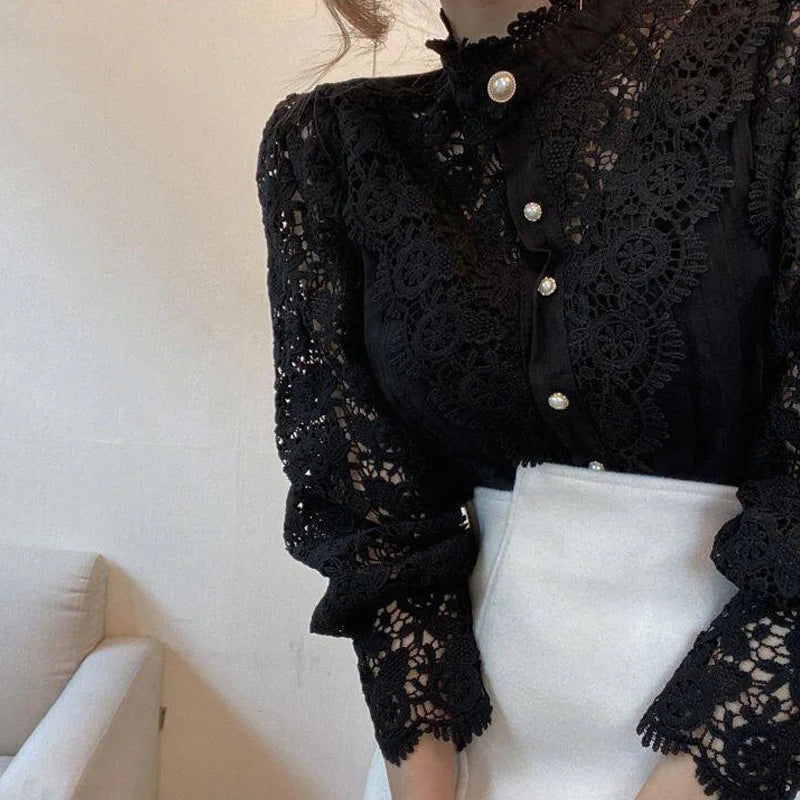 Womens Button Up Lace Blouse Casual