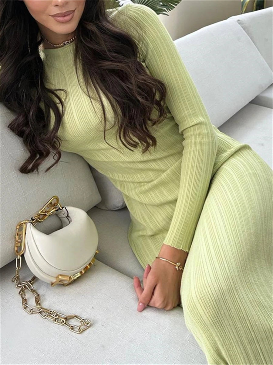 Casual Knit Ribbed Long Dress Simple Style Solid Color