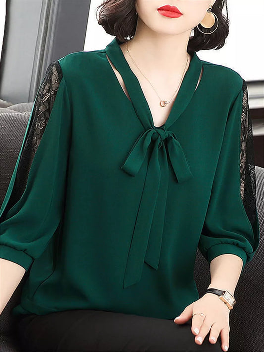 Women Casual Bow Tie Colloar Half Lace Tops