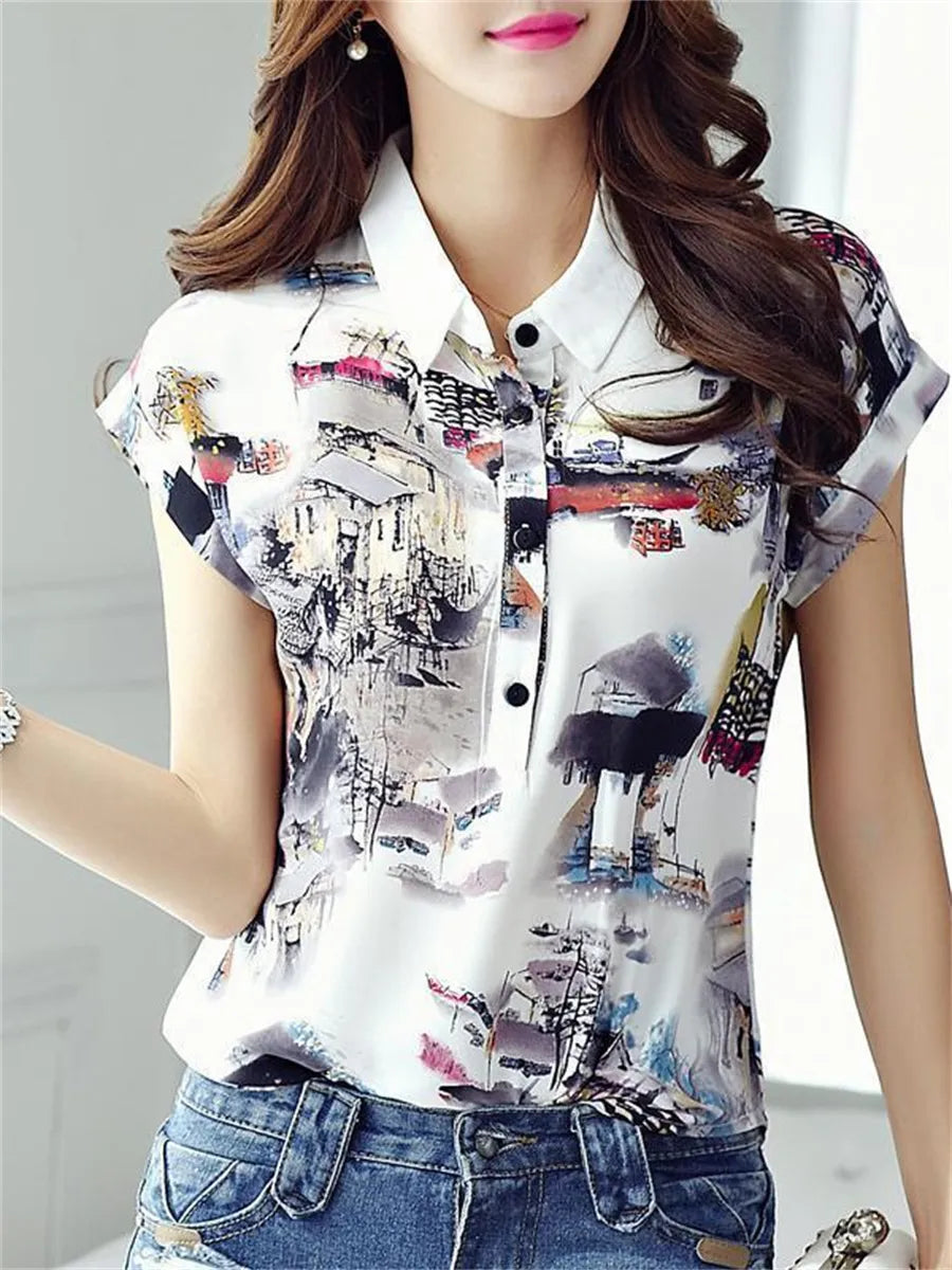 Womens Casual Short Sleeve Turn-down Collar Printed Tops