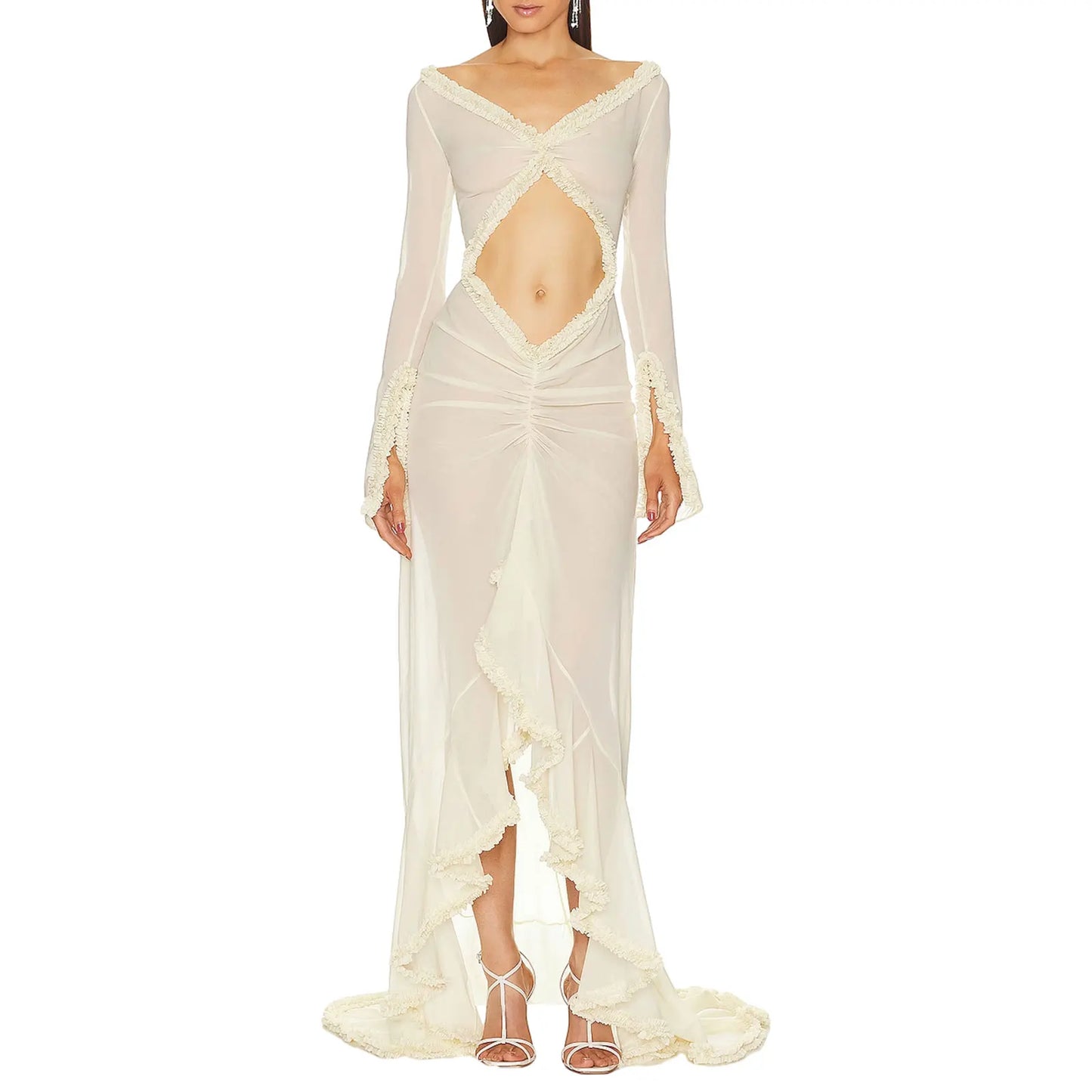 Women's Long Sleeve V Neck Mesh Long Gown