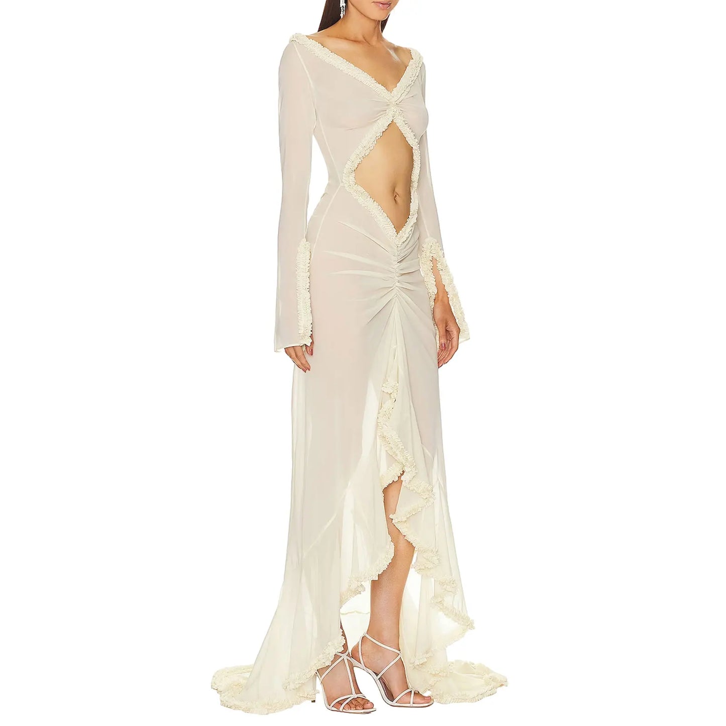 Women's Long Sleeve V Neck Mesh Long Gown