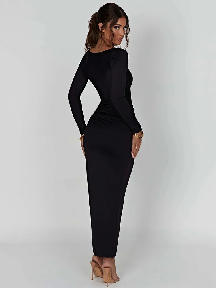 Long Sleeve Ruched High Split Maxi Dress Women