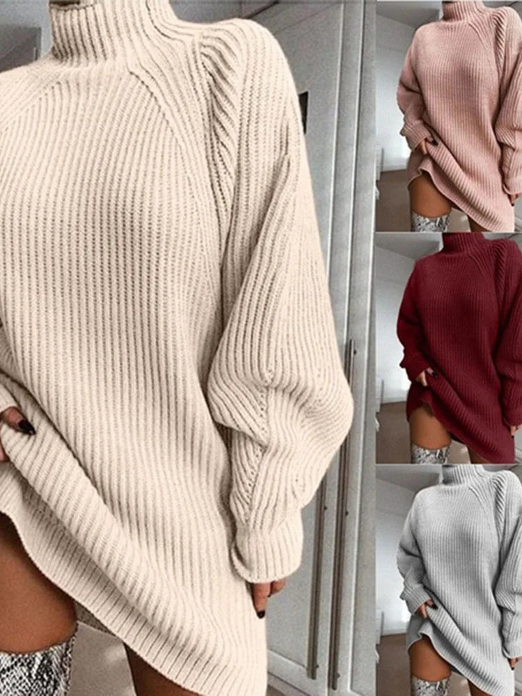 Womens Turtleneck Oversized Knitted Dress Long Sleeve