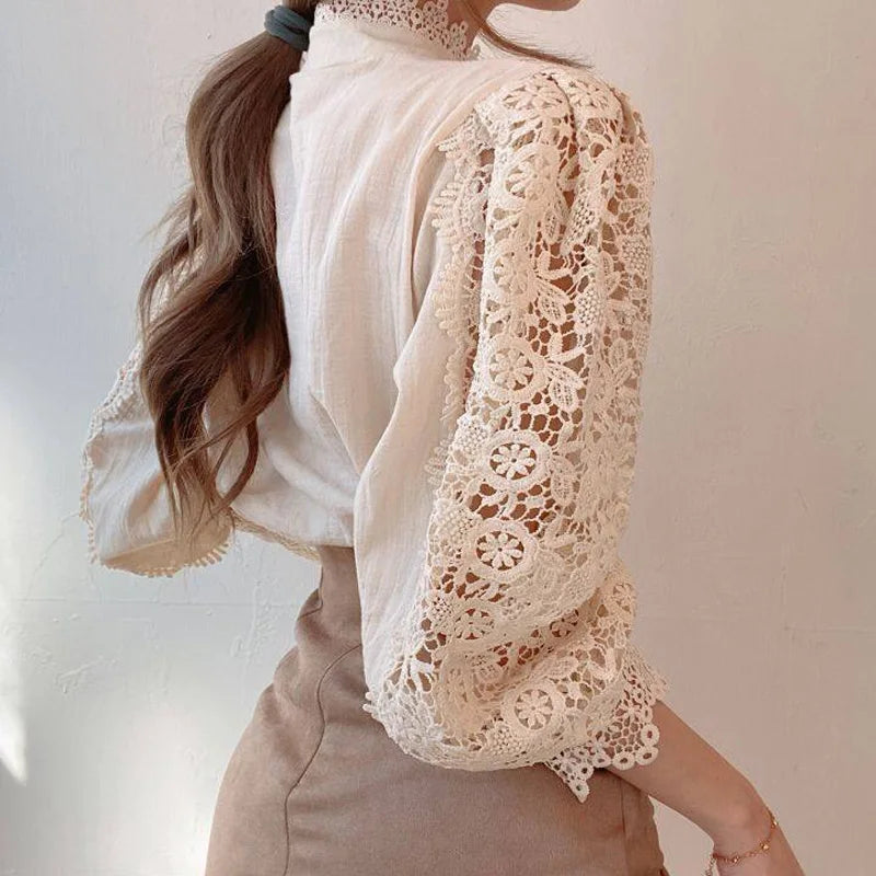 Womens Button Up Lace Blouse Casual