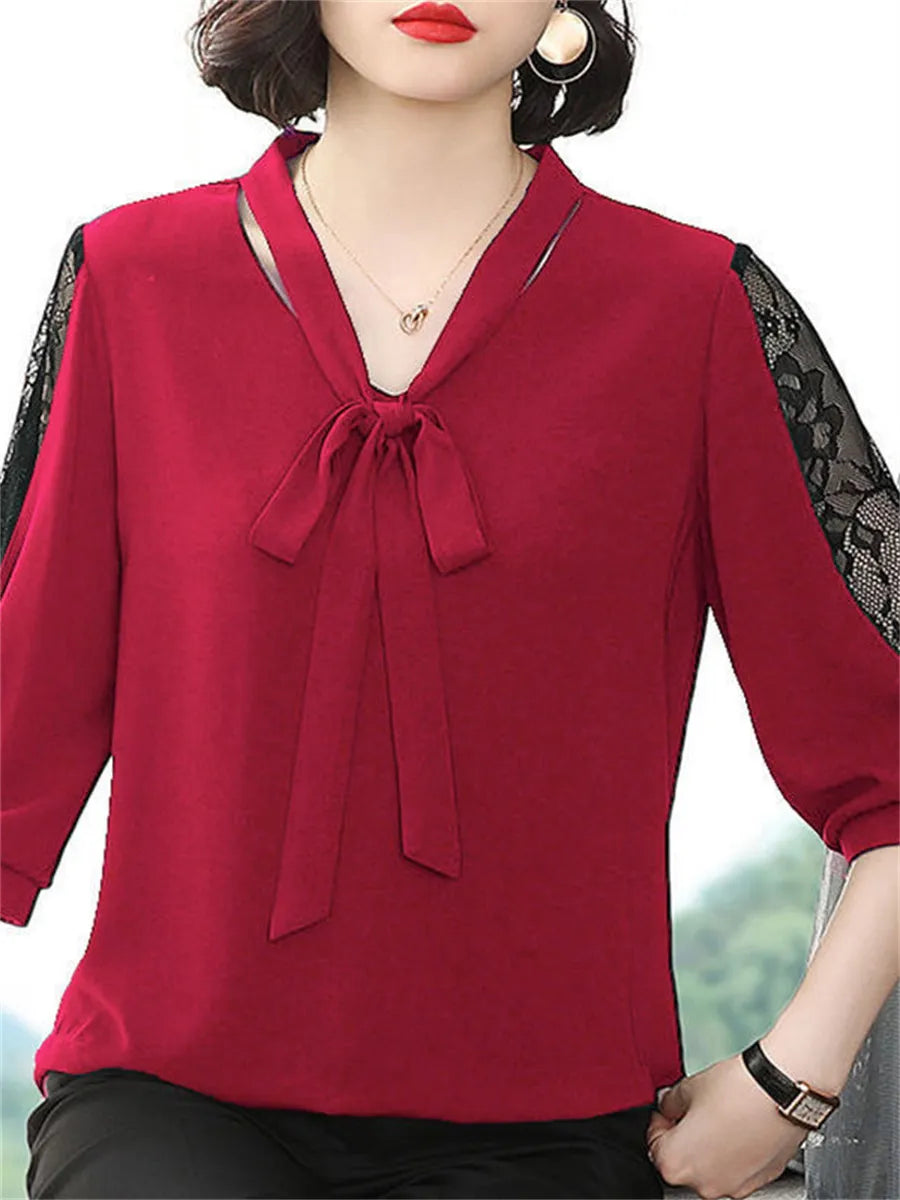 Women Casual Bow Tie Colloar Half Lace Tops