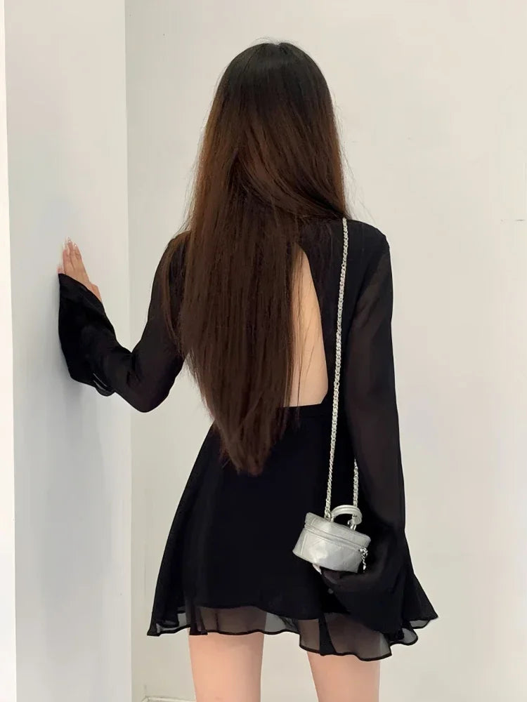 Backless Black Dress Lace-up Long Sleeve Mesh