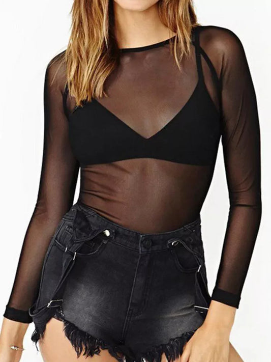 Womens Long Sleeve Black Mesh Top