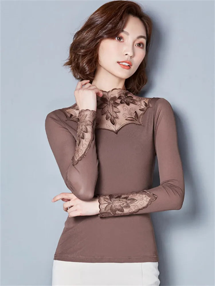 Womens Casual Long Sleeve Patchwork Spliced Turtleneck Blouse