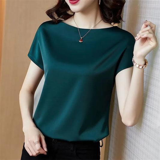 Womens Short Sleeve O-Neck Satin Blouse