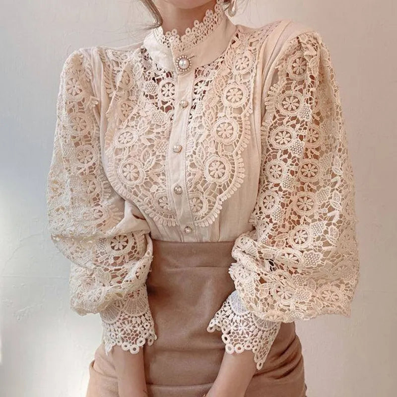 Womens Button Up Lace Blouse Casual