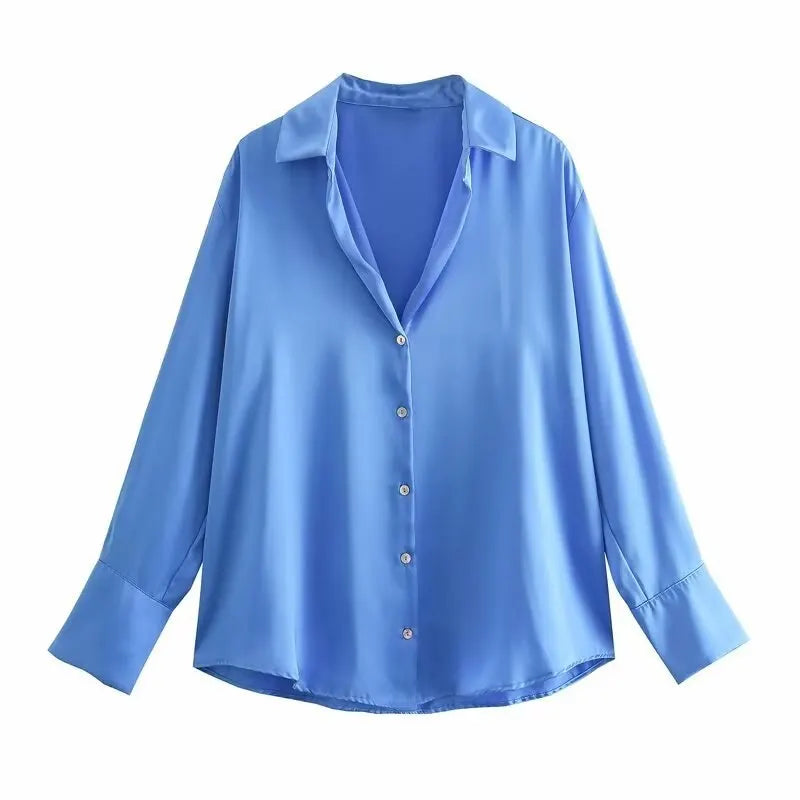 Women Satin Blouses Button Down Tops Long Sleeve Casual Office Work Shirt V-Neck Loose T-Shirt Female Vintage Y2K Clothing