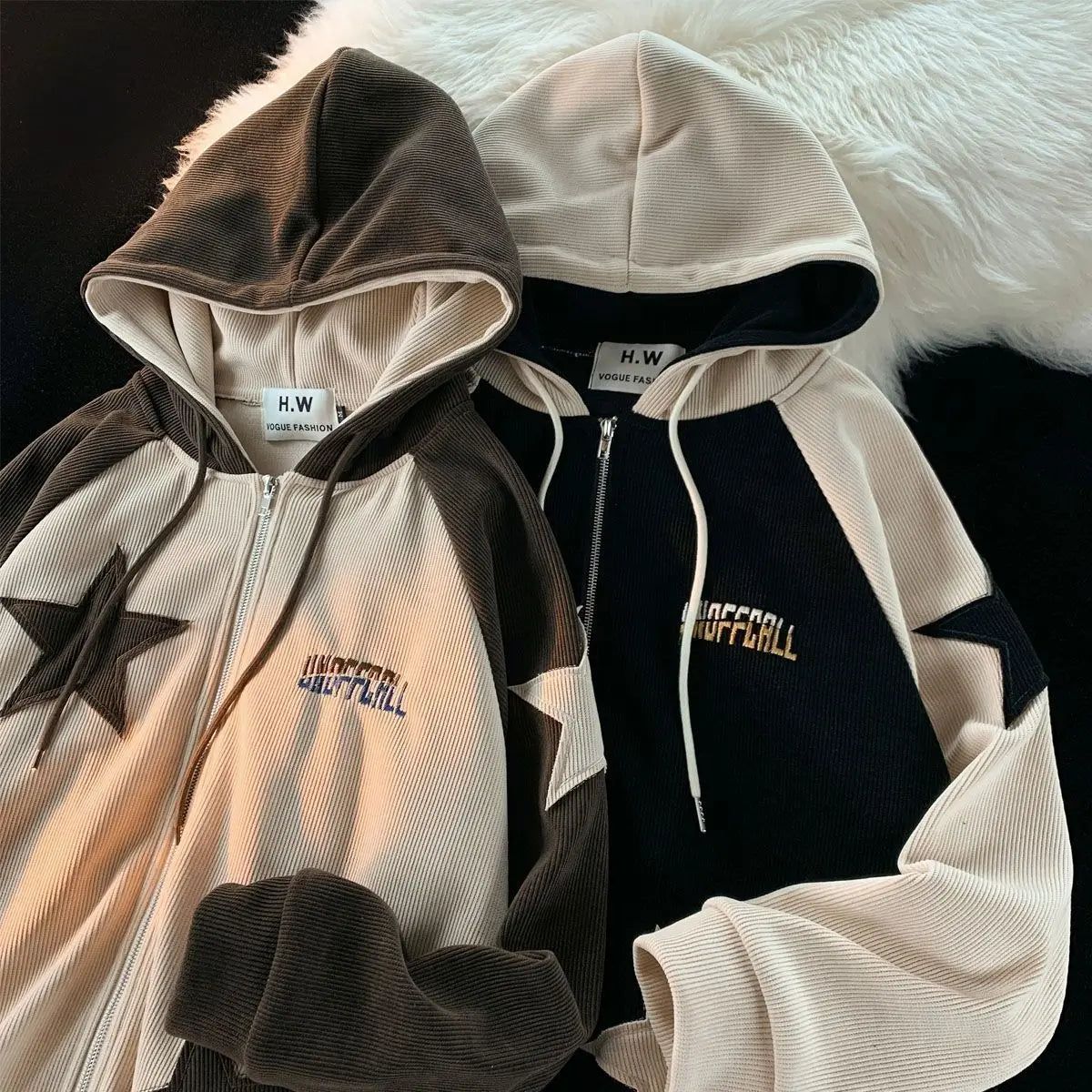 American Retro Star Patch Designs Zipper Hoodie Women 2024 New Street Popular Joker Sweatshirt Unisex Stitching Loose Casual Top