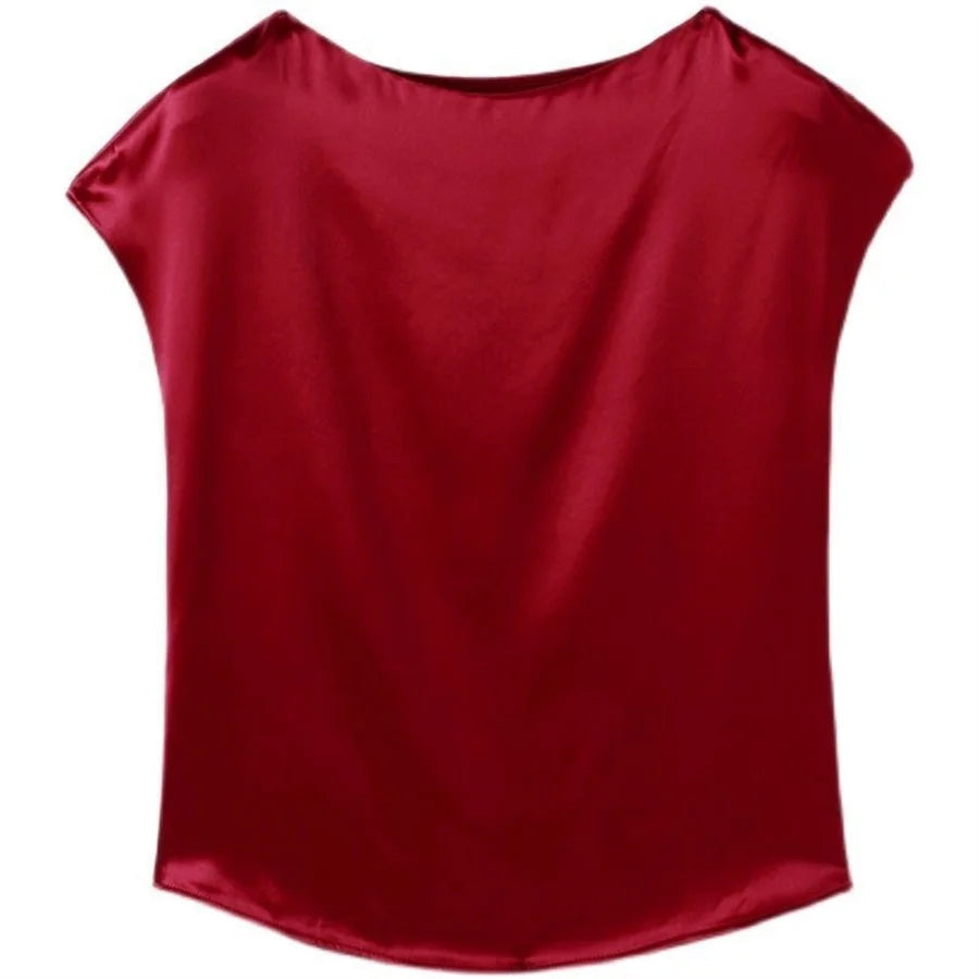 Womens Short Sleeve O-Neck Satin Blouse