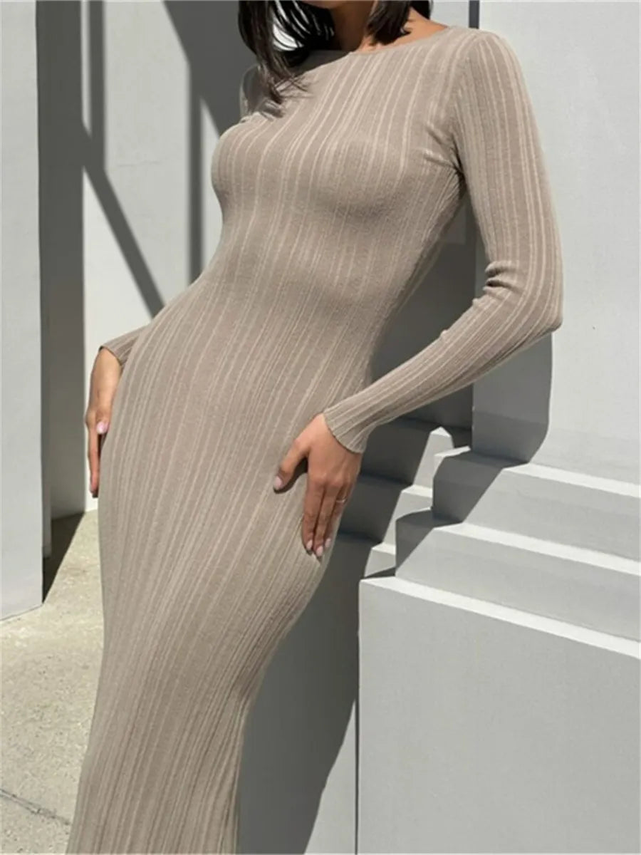 Casual Knit Ribbed Long Dress Simple Style Solid Color