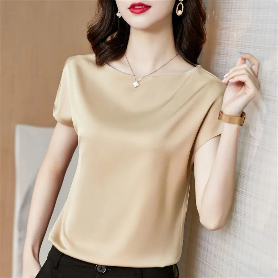 Womens Short Sleeve O-Neck Satin Blouse