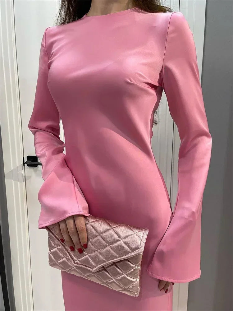 Womens Satin Slim Dress Long Sleeve High Waist