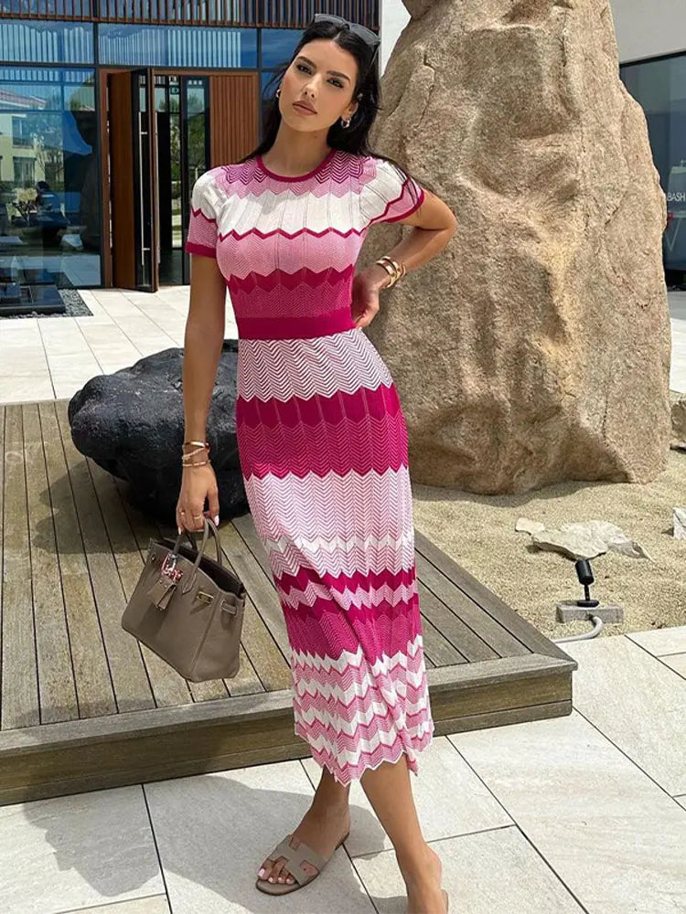 Womens Contrast Knitted Slim Maxi Dress