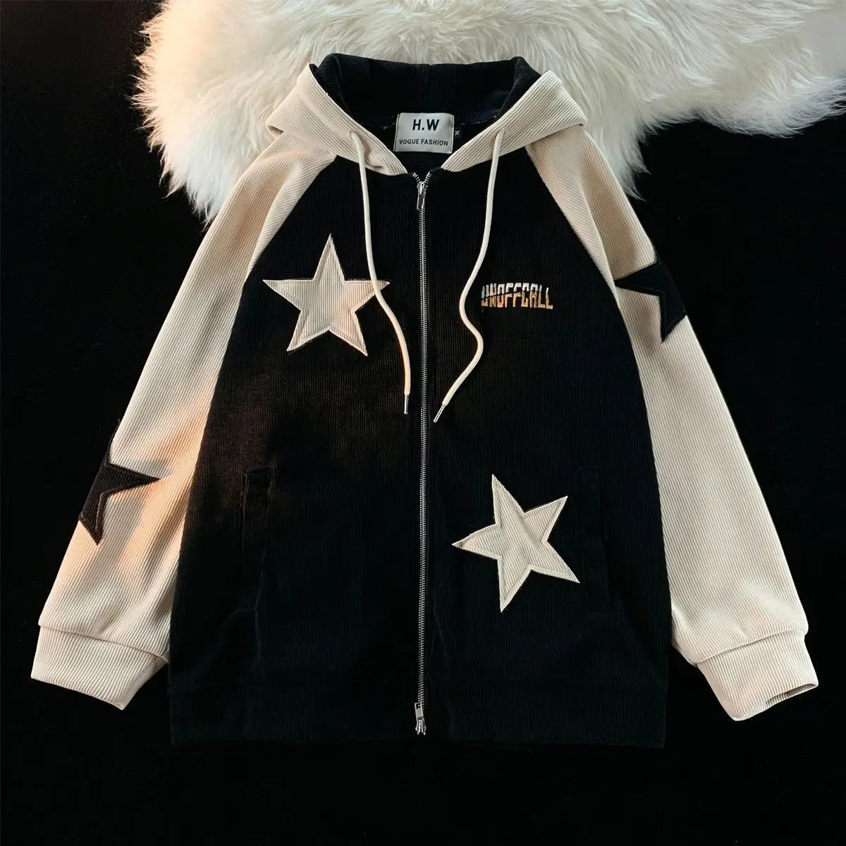 American Retro Star Patch Designs Zipper Hoodie Women 2024 New Street Popular Joker Sweatshirt Unisex Stitching Loose Casual Top