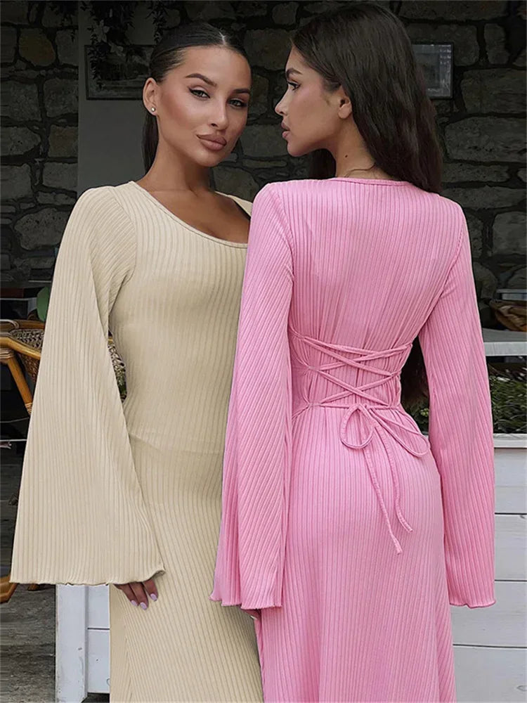 Womens Lace-Up Ribbed Long Sleeve Dress