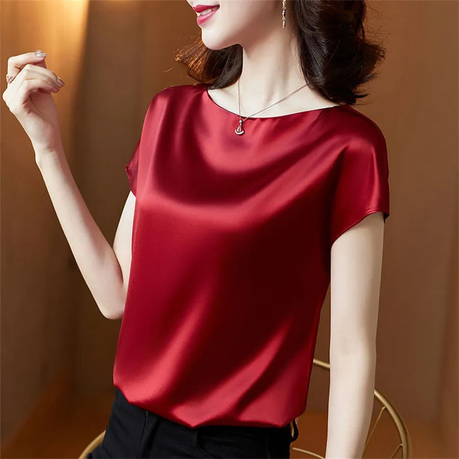 Womens Short Sleeve O-Neck Satin Blouse