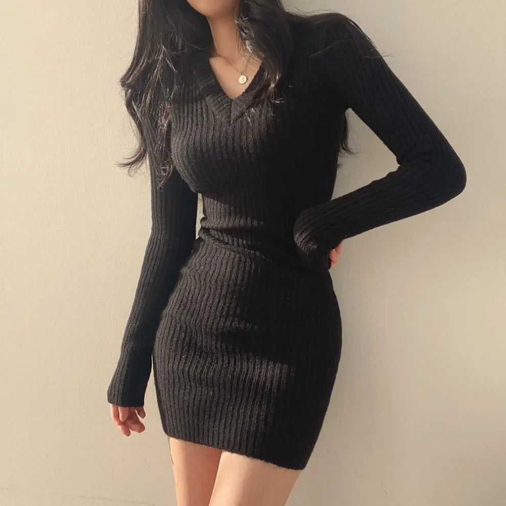 Womens Retro Knitted Mini V-Neck Long Sleeve Dress