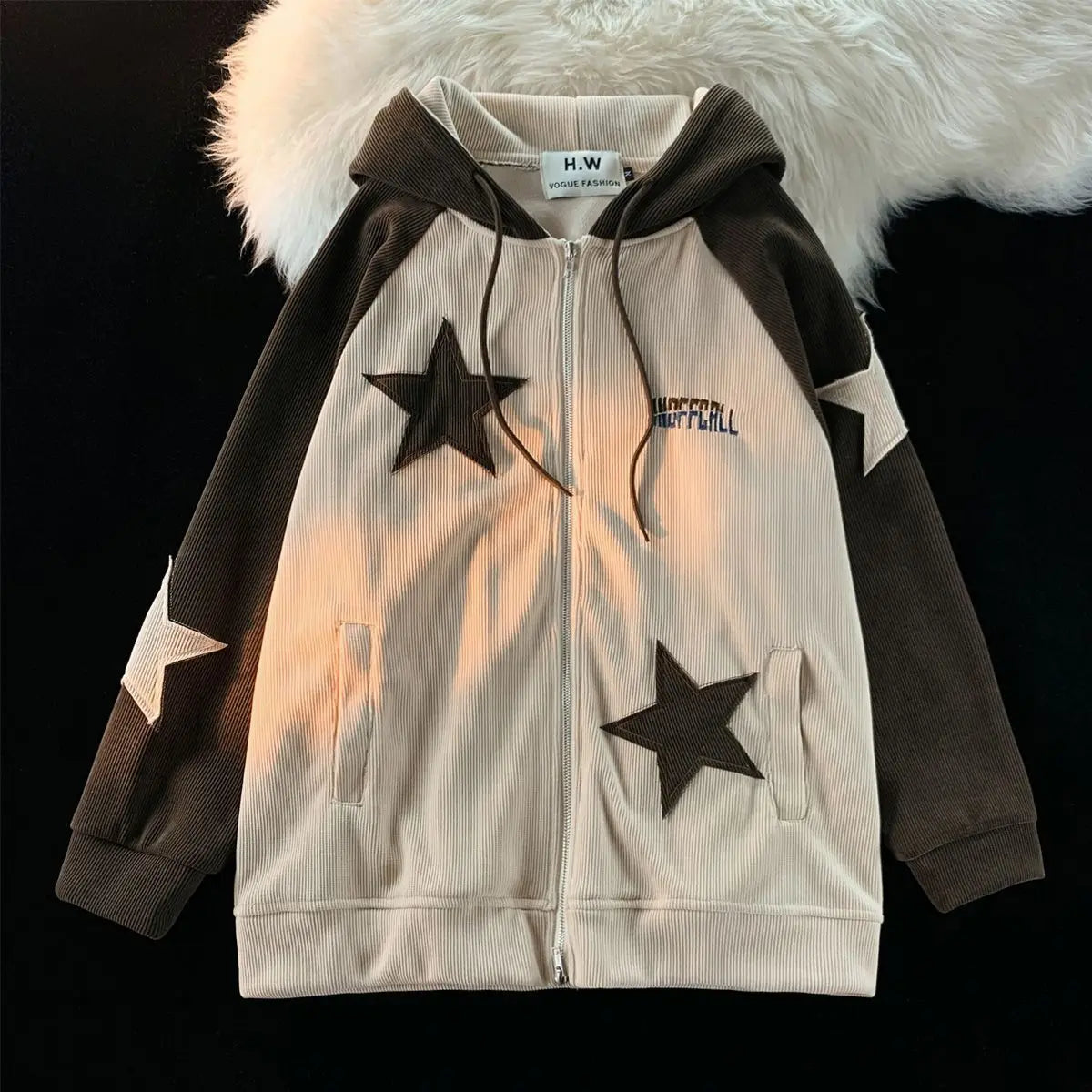 American Retro Star Patch Designs Zipper Hoodie Women 2024 New Street Popular Joker Sweatshirt Unisex Stitching Loose Casual Top