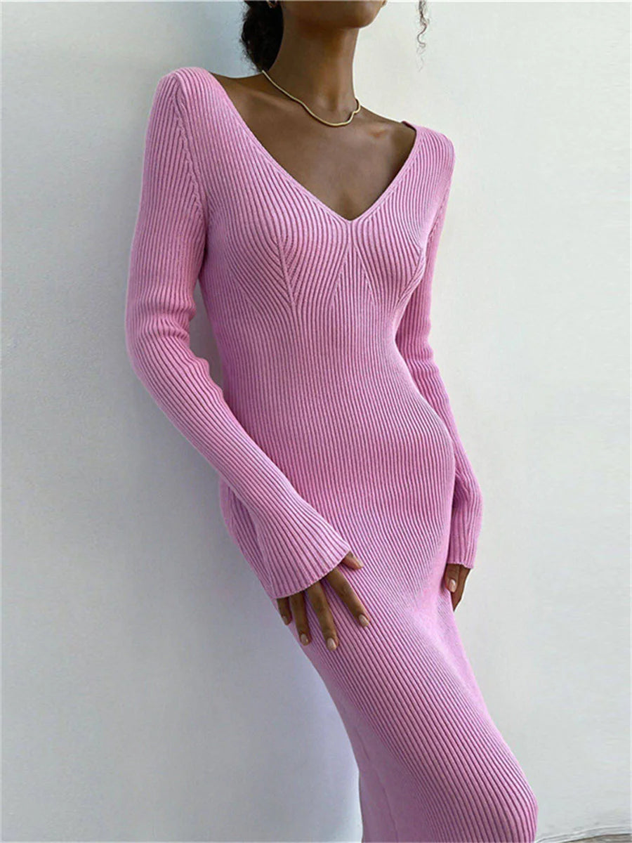 Knit Pencil Dress Long Sleeve V-Neck Backless