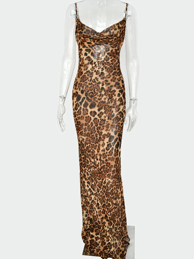 Womens Leopard Print V-Neck Long Dress