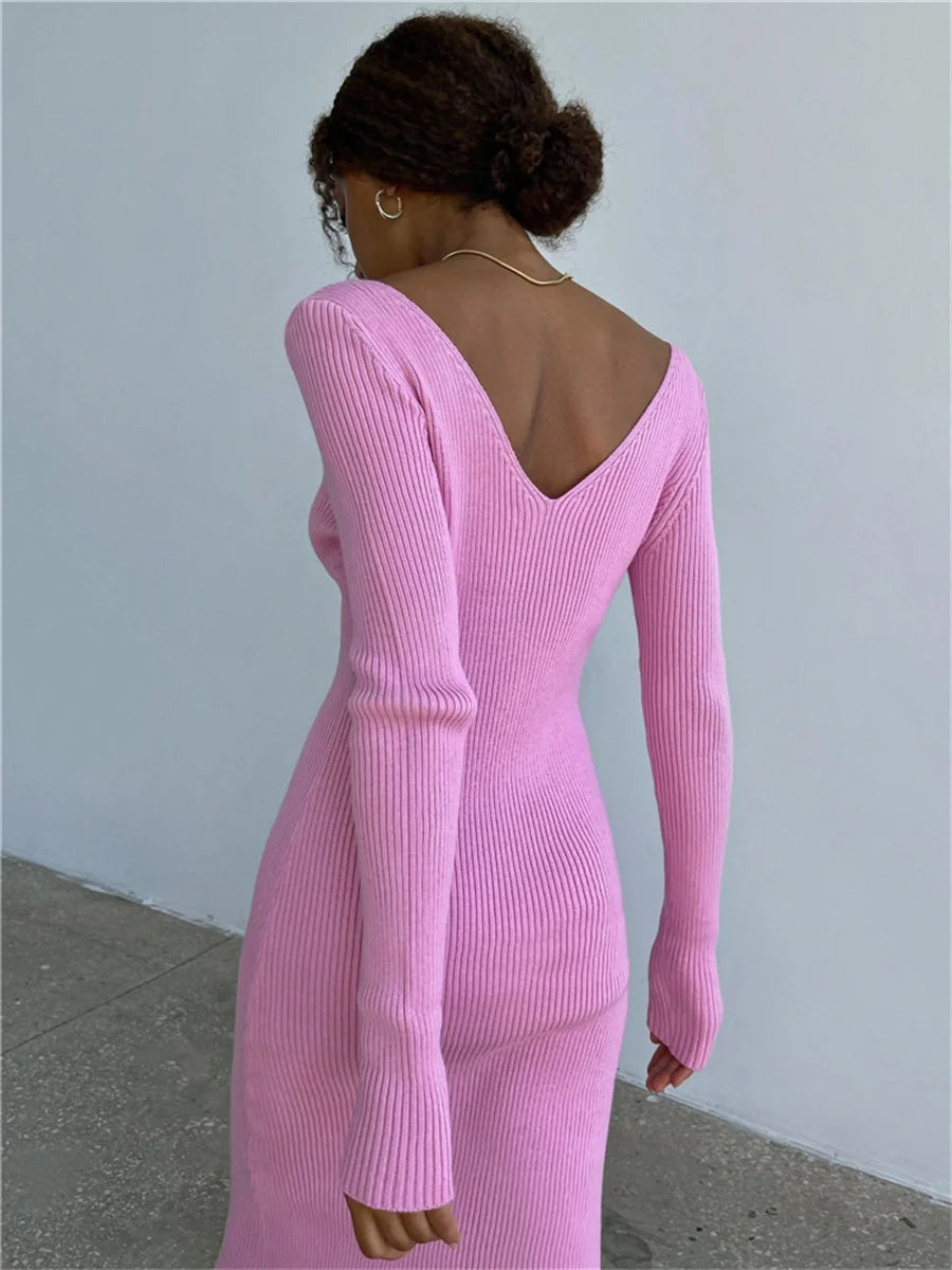 Knit Pencil Dress Long Sleeve V-Neck Backless